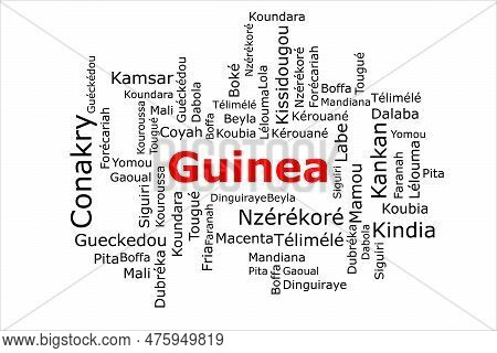 Tagcloud Of The Most Populous Cities In Guinea. The Title Is Red And All The Cities Are Black On The