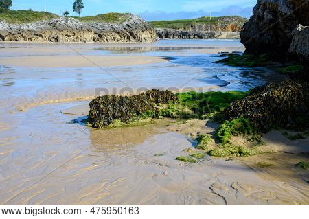 View On Playa De Palombina Las Camaras In Celorio, Green Coast Of Asturias, North Spain With Sandy B