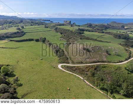 Aerial View On Coastline Near Llanes, Green Coast Of Asturias, North Spain With Sandy Beaches, Cliff