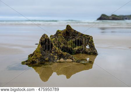 View On Playa De Borizo In Celorio, Green Coast Of Asturias, North Spain With Sandy Beaches, Cliffs,