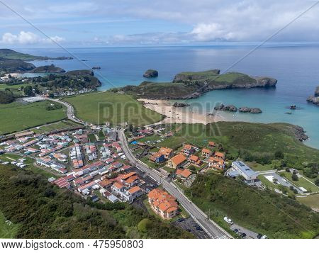 Aerial View On Playa De Borizo And Celorio, Green Coast Of Asturias, North Spain With White Sandy Be