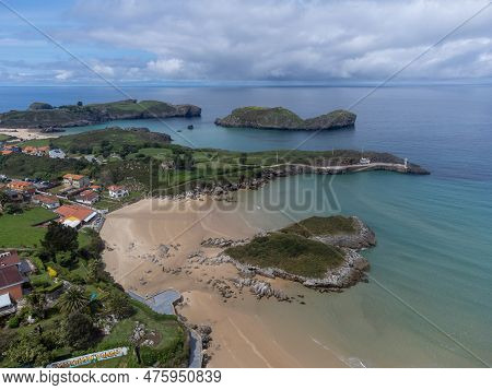 Aerial View On Playa De Palombina, Las Camaras And Celorio, Green Coast Of Asturias, North Spain Wit