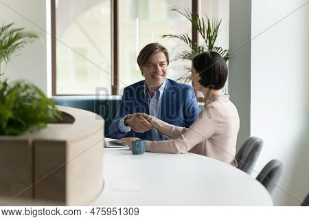 Mature 55s Businesspeople Shake Hands Making Profitable Commercial Deal