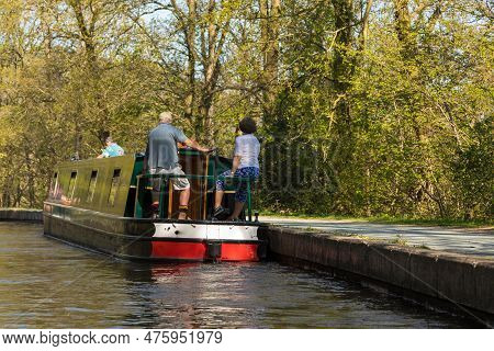 Llangollen, Dengighshire Wales - 21 April 2019: Narrow Boats On The Llangollen Canal As It Crosses T