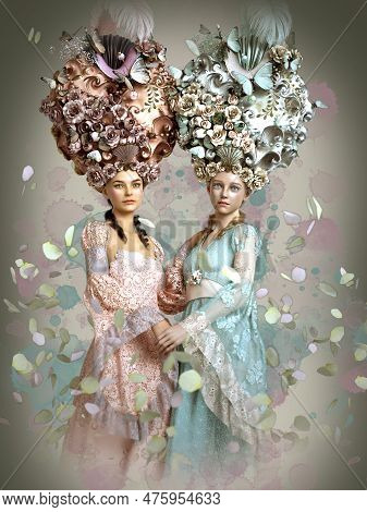 3d Computer Graphics Of Two Girls With Fantasy Rococo Clothing (not Ai Generated)