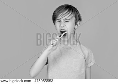 Dental Hygiene. Happy Child Kid Boy With Toothbrush. Health Care, Dental Hygiene. Little Boy Cleanin