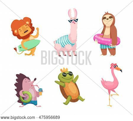 Cartoon Animal In Summer. Animals In Swimming Suit On The Beach Exact Vector Trevelling Characters