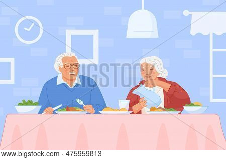 Elderly Couple Breakfast. Senior Woman Elder Man Eating Health Food At Kitchen Table, Grandmother Wi