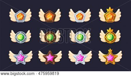 Game Ranking Levels. Rating Award Badges With Crystal Gem Wings And Royal Crown, Star Round Shield F