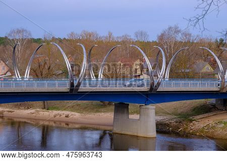 Valmiera, Latvia - April 14 2023: Valmiera City Center. Bridge Across The River.
