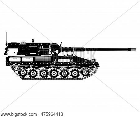 Self-propelled Howitzer Outline. German 155 Mm Panzerhaubitze 2000. Military Armored Vehicle.