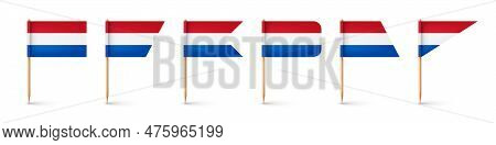 Realistic Various Dutch Toothpick Flags. Souvenir From Netherlands. Wooden Toothpicks With Paper Fla