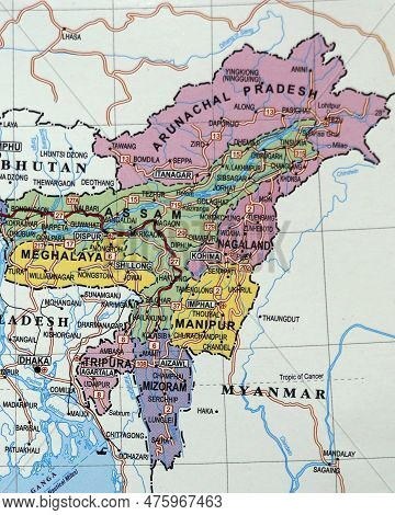 Close Up Of An Indian Map With North East States Manipur Assam In Focus