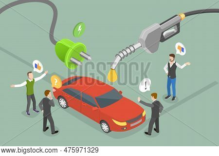 3d Isometric Flat Vector Conceptual Illustration Of Diesel Vs Electric Car, Clean Power Or Petrol