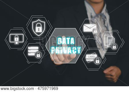 Data Privacy Online Security Protection Concept, Businesss Person Hand Touching Data Privacy Icon On