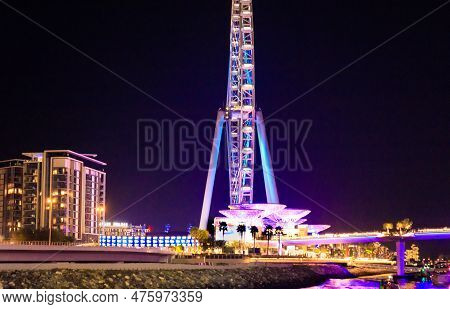 Dubai, United Arab Emirates, March 16, 2023 : Night View Of The Decoratively Illuminated Ferris Whee