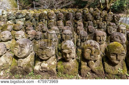 Kyoto, Japan - March 27, 2023: Kawaii Little Buddhas Statues In Otagi Nenbutsu-ji Temple In Kyoto, J