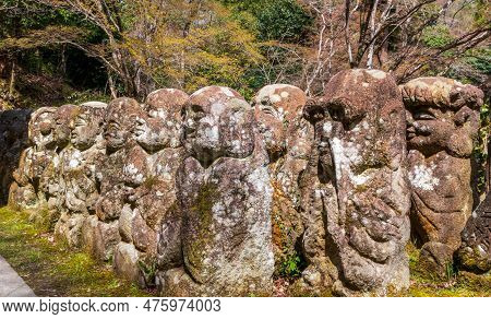 Kyoto, Japan - March 27, 2023: Kawaii Little Buddhas Statues In Otagi Nenbutsu-ji Temple In Kyoto, J