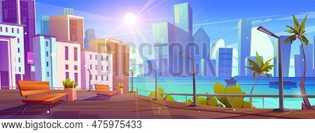 Empty Tropical Urban Embankment, City Skyline. Park Bench On Street Near River And Downtown Building