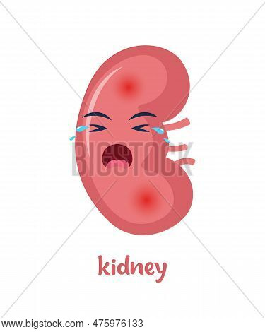 Sick Kidney With Pain Ache Or Disease. Sad Cartoon Character Kidney, Body Organ Injured Or Unhealthy