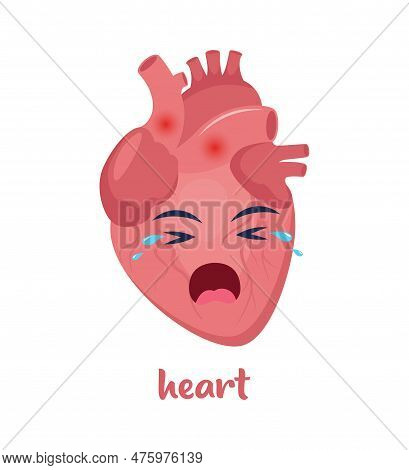 Sick Heart With Pain Ache Or Disease. Sad Cartoon Character Heart, Body Organ Injured Or Unhealthy.