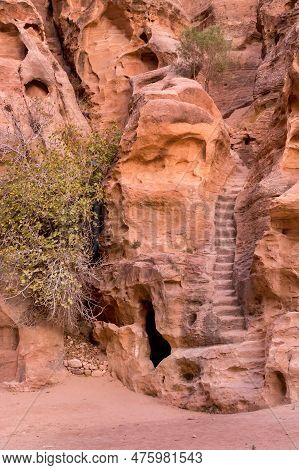 Wadi Musa, Jordan Rocks, Caves And Staircase View At Little Petra, Siq Al-barid