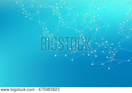 Digits Abstract Background With Connected Line And Dots, Wave Flow. Digital Neural Networks. Network
