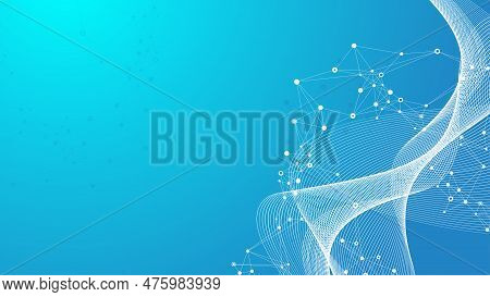 Digits Abstract Background With Connected Line And Dots, Wave Flow. Digital Neural Networks. Network