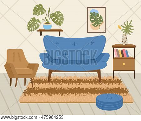 Cozy Living Room, Cartoon Trendy Cozy Home Interior. Modern Furniture Interior, Living Room Comfy Fu
