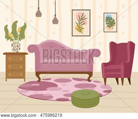 Flat Modern Living Room Interior, Cozy Apartment Furniture. Cartoon Trendy Home Furniture, Comfy Sof