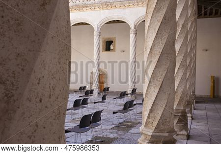 Valladolid, Spain - July 19th, 2020: Colegio De San Gregorio Courtyard Ground Floor. Isabelline Styl