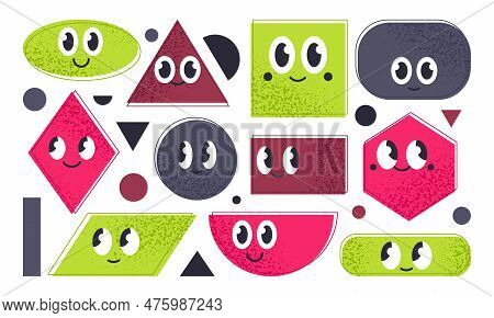 Geometric Shapes Funny Characters With Face Emotions. Basic Hand Drawn Shapes, Circle, Square And Tr