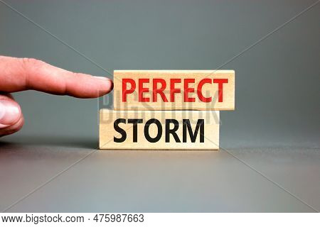 Perfect Storm Symbol. Concept Words Perfect Storm On Beautiful Wooden Block. Beautiful Grey Table Gr
