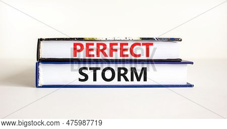 Perfect Storm Symbol. Concept Words Perfect Storm On Beautiful Books. Beautiful White Table White Ba
