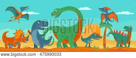 Dinosaurs, Mountains, Palm, Cactus And Sky With Clouds. Vector Flat Illustration