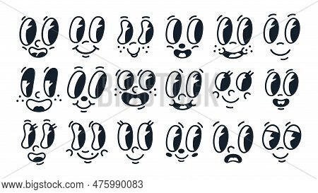 Hand Drawn Comic Smiling Faces With Eyes And Mouths. Doodle Emoji Mascots, Retro Mouths And Eyes Fla