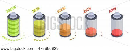 Isometric 3D Battery Charging Stages. Accumulator Charging Process With Colorful Indicators 3D Isola