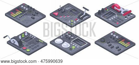 Isometric 3D Control Panels. Spaceship Dashboards With Sliders, Controllers And Buttons Flat Vector