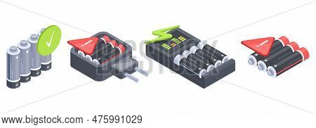 Isometric Battery Chargers, Power Electricity Elements. Charging Batteries, Energy Power Metallic Al