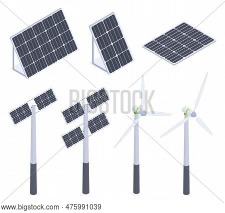 Isometric Blue Solar Panels. Alternative Eco Green Energy, Renewable Energy Sources, Solar Battery P