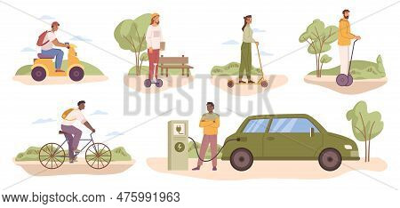 Electric Cars And Scooters, Gyro Board And Bicycle. People Using Ecologically Friendly Transport For