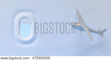 Airplane Window And Flying Small Plane With Propelled. Porthole With Open Curtain And Sky View, Turb