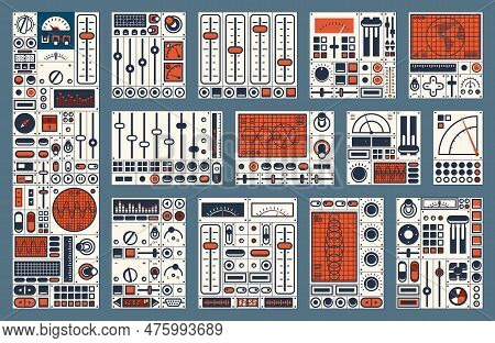 Retro Dashboard. Control Panel Dial, Switch, Knob, Buttons. Spaceship Console With Old Computer Scre