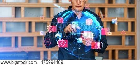 Businessman Finger Touch Tablet In Hand, Glowing Earth Sphere Hologram, Virtual Reality Icons. Cyber