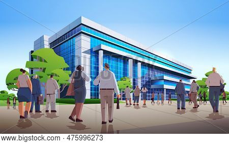 People Group Standing Near Governmental Or Business Center Building Mix Race Men Women Crowd Walking