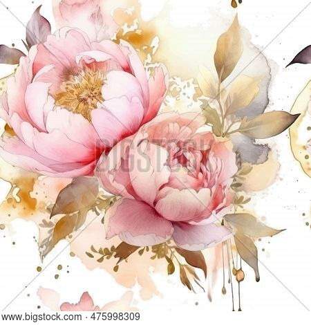 Watercolor Beautiful Pink Peony Flowers Seamless Pattern. Dirty Spotty Watercolor Vector Background.