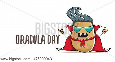 26 May World Dracula Day Greeting Horizontal Banner With Vector Funny Cartoon Cute Dracula Potato Wi