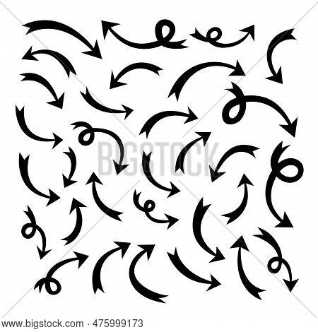 Sharp Curved Arrows Collection. Vector Hand Drawn Sketch Arrows. Doodle Arrows Illustrations