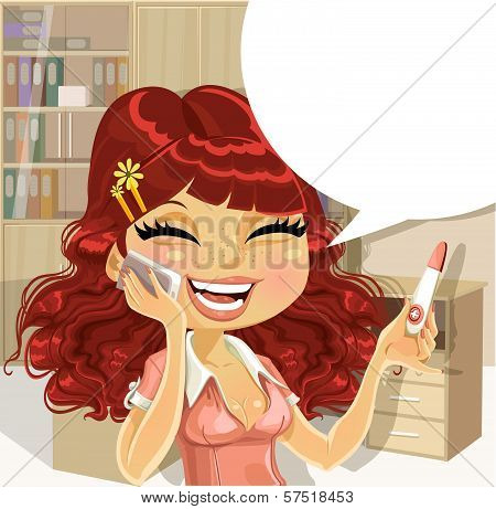 Cutel Girl In Office Says On The Phone About A Positive Pregnancy Test Result