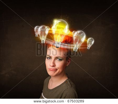 Preety woman with light bulbs circleing around her head 